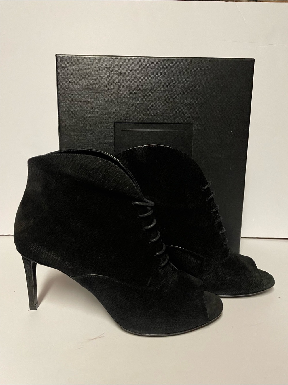 YSL Saint Laurent Black Suede Lace-Up Peep-Toe Ankle Boots 40
